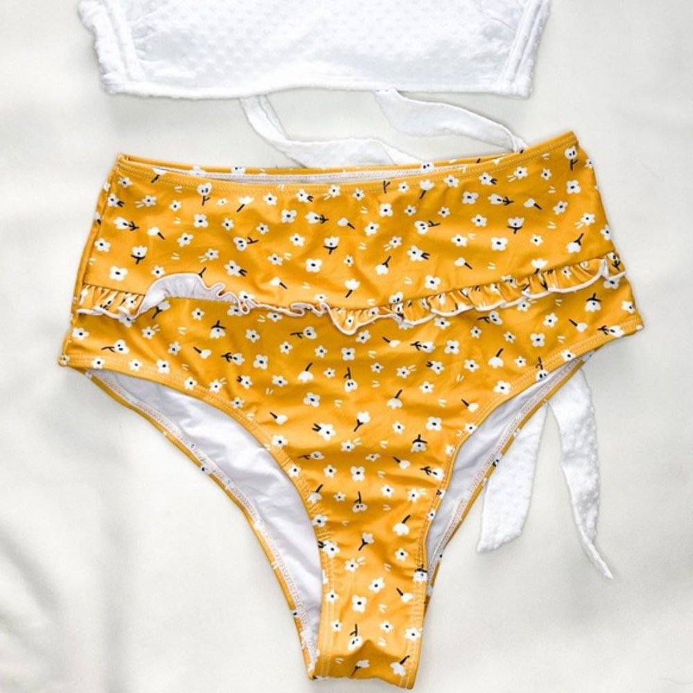 Shein White and Yellow Ruffled High waist  Bikini Bottom